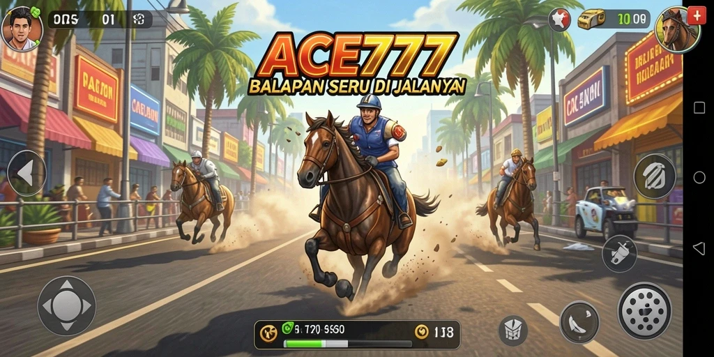 Screenshot gameplay ACE777 menampilkan balapan yang seru dan mobil berkecepatan tinggi.