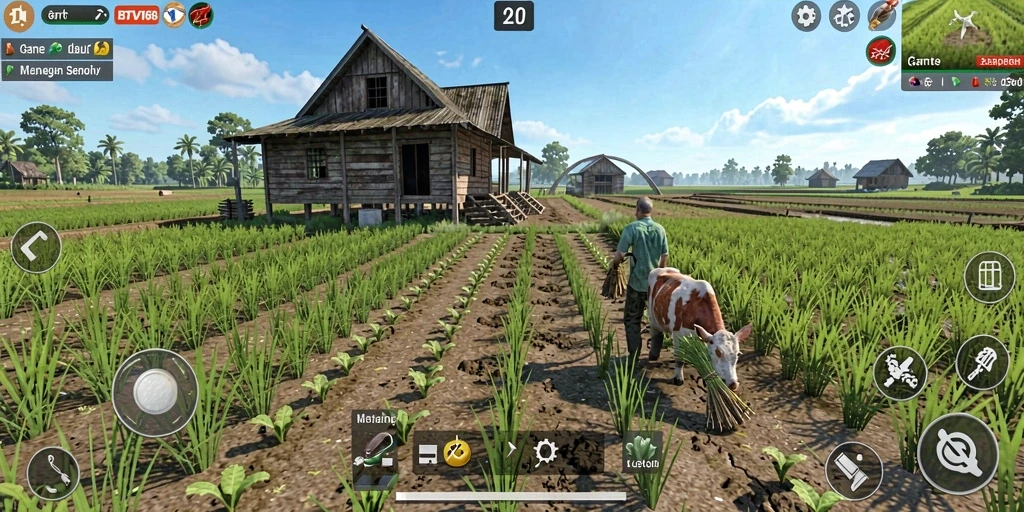 Screenshot gameplay BTV168 menunjukkan dunia pertanian yang indah dan interaktif.