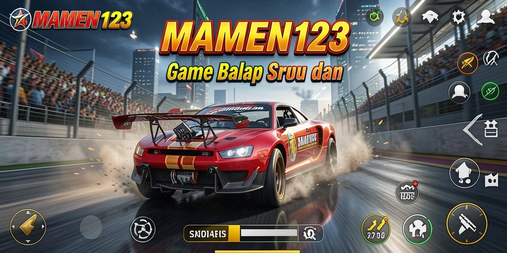 Tangkapan layar gameplay MAMEN123 dengan mobil balap beraksi di trek.
