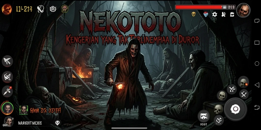 Screenshot gameplay NEKOTOTO: suasana horor yang mencekam dan menantang.