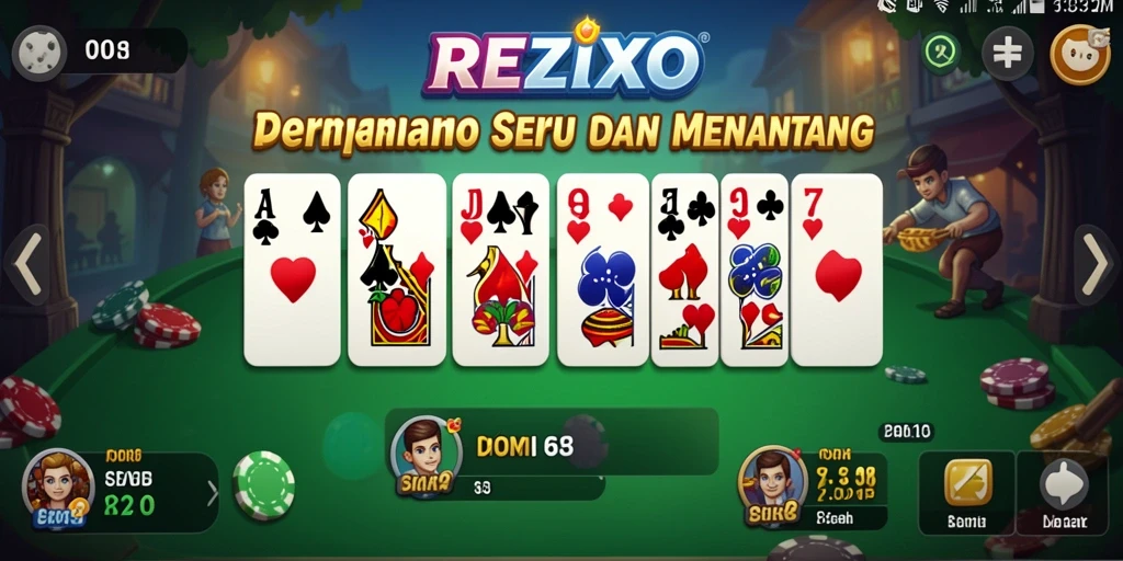 Tangkapan layar permainan <strong>REZIXO</strong> menunjukkan keseruan dalam bermain <strong>Domino</strong> secara online.