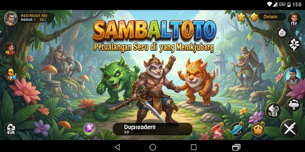Tangkapan layar utama SAMBALTOTO menunjukkan pemain menjelajahi dunia petualangan yang penuh warna.