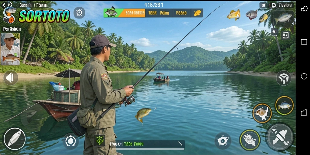 Gameplay SORTOTO yang menarik dengan aksi memancing di berbagai lokasi.
