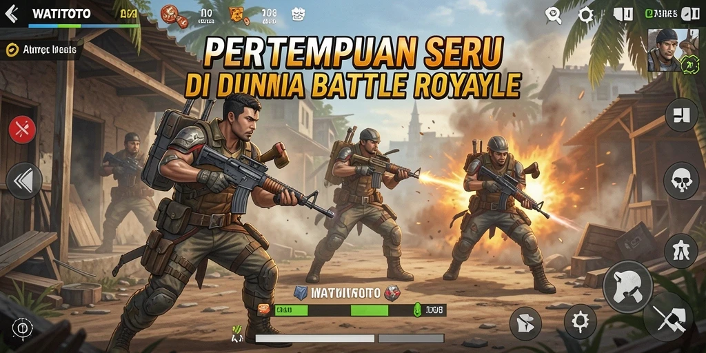 Screenshot utama WATITOTO menampilkan aksi pertempuran seru di arena Battle Royale.