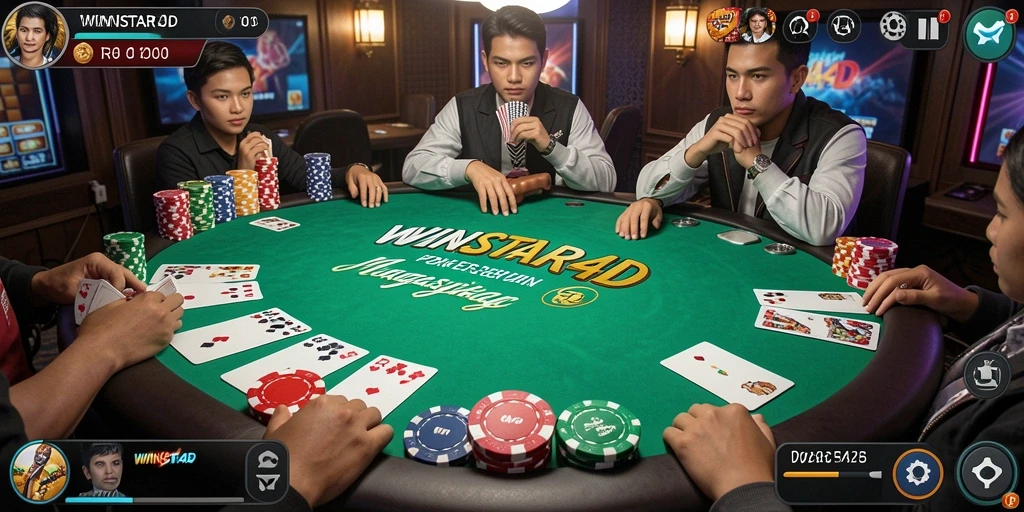 Tampilan screenshot utama WINSTAR4D dengan gameplay Poker yang menegangkan.