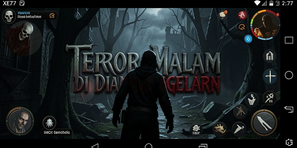 Tampilan gameplay XE77 yang menegangkan di kegelapan.